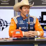 Scott Dixon talks to the press after his third Texas win in 2018 