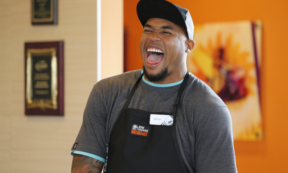 Taco Bell employee Steve Smith upon hearing he can buy a Corvette Grand Sport for $62K
