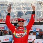 Kyle Busch celebrates in victory lane after winning Monday's rain delayed Monster Energy NASCAR Cup Series race at Bristol Motor Speedway