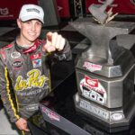 Zane Smith, driver of the No. 41 LaPaz Margarita Mix Toyota, posed in Gatorade Victory Lane with the General Tire 200 Hammer and Anvil Trophy after winning in what was a photo finish on Friday. The finish was declared the closest finish in ARCA Racing Series history.