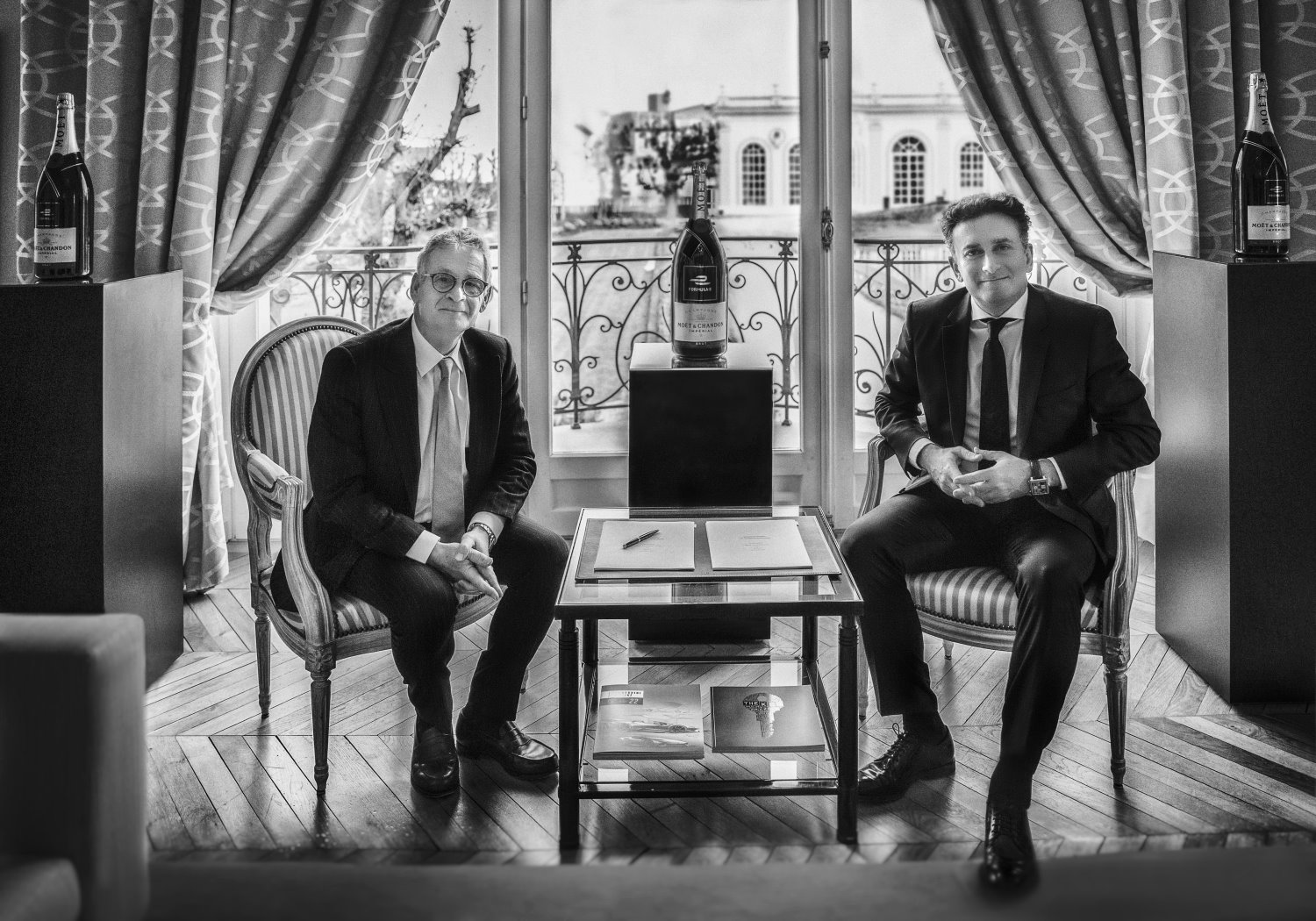 (L-R) Stephane Baschiera President CEO of Maison Moet Chandon together with Alejandro Agag Founder CEO of Formula E