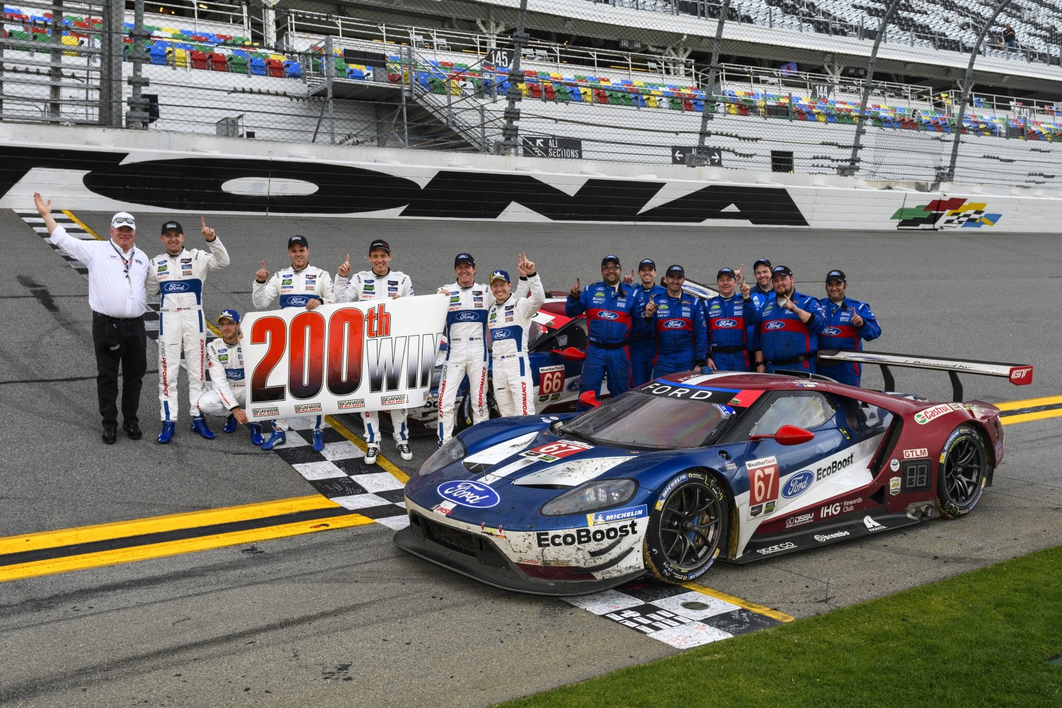 The Ganassi Ford team celebrates their 1-2 finish in GTLM class at the Rolex 24