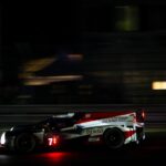 The #7 Toyota leads at halfway with Alonso's #8 Toyota chasing it down