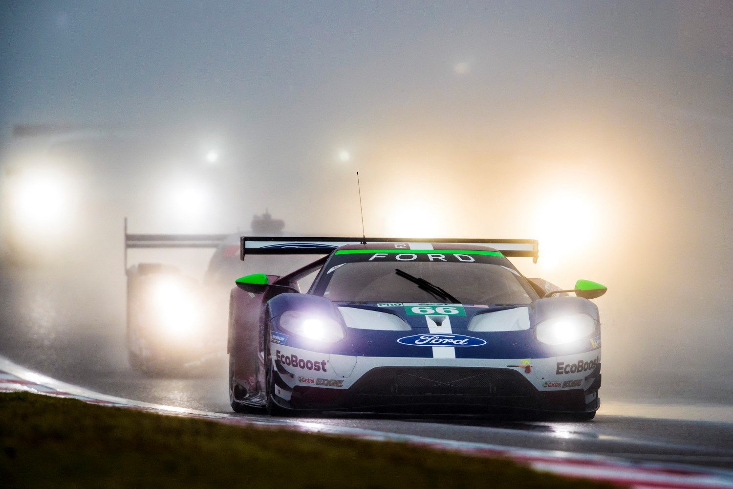 The #66 Ford GT and its sister #67 struggled in the wet slippery conditions