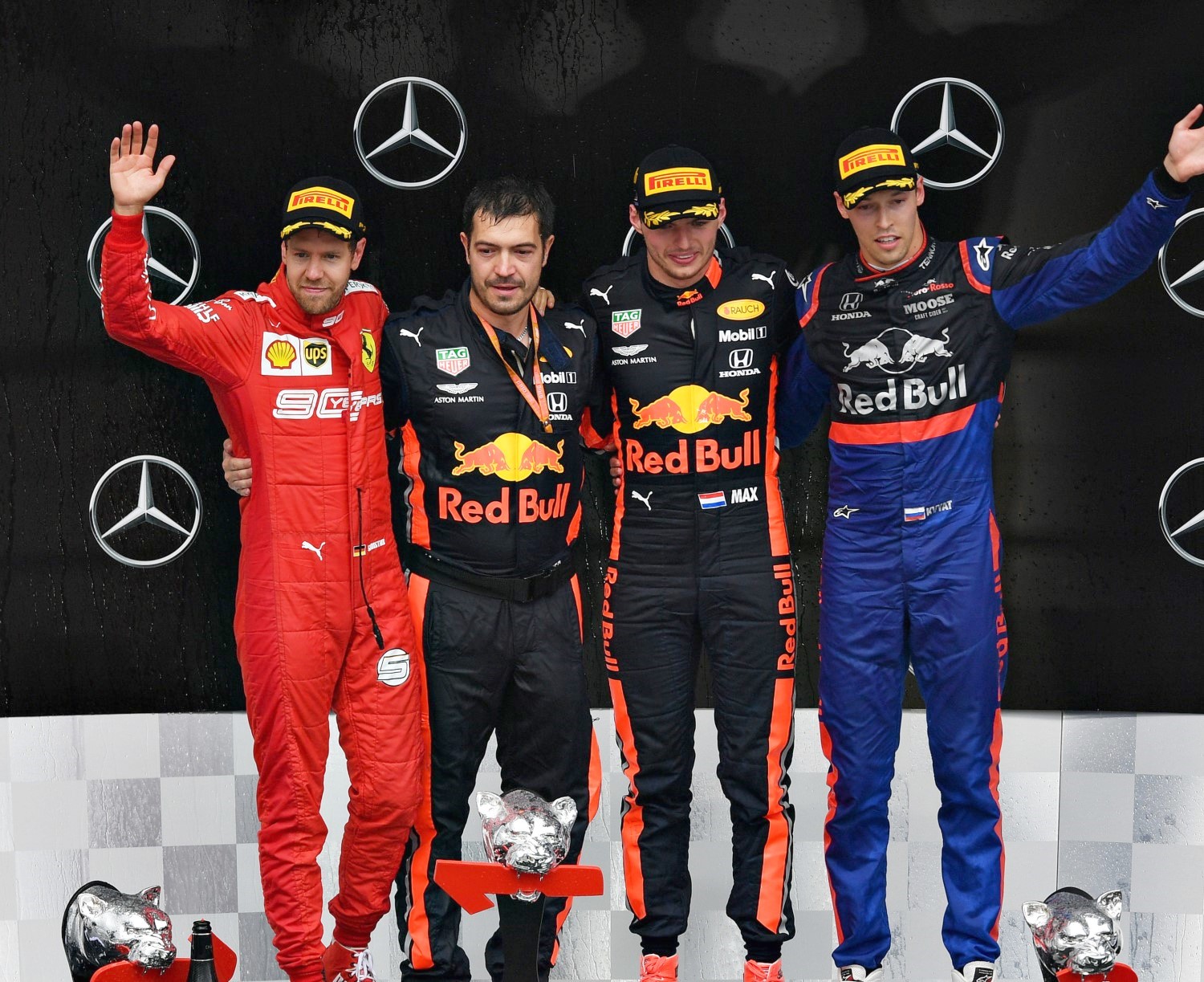 From left, Vettel, Verstappen and Kvyat