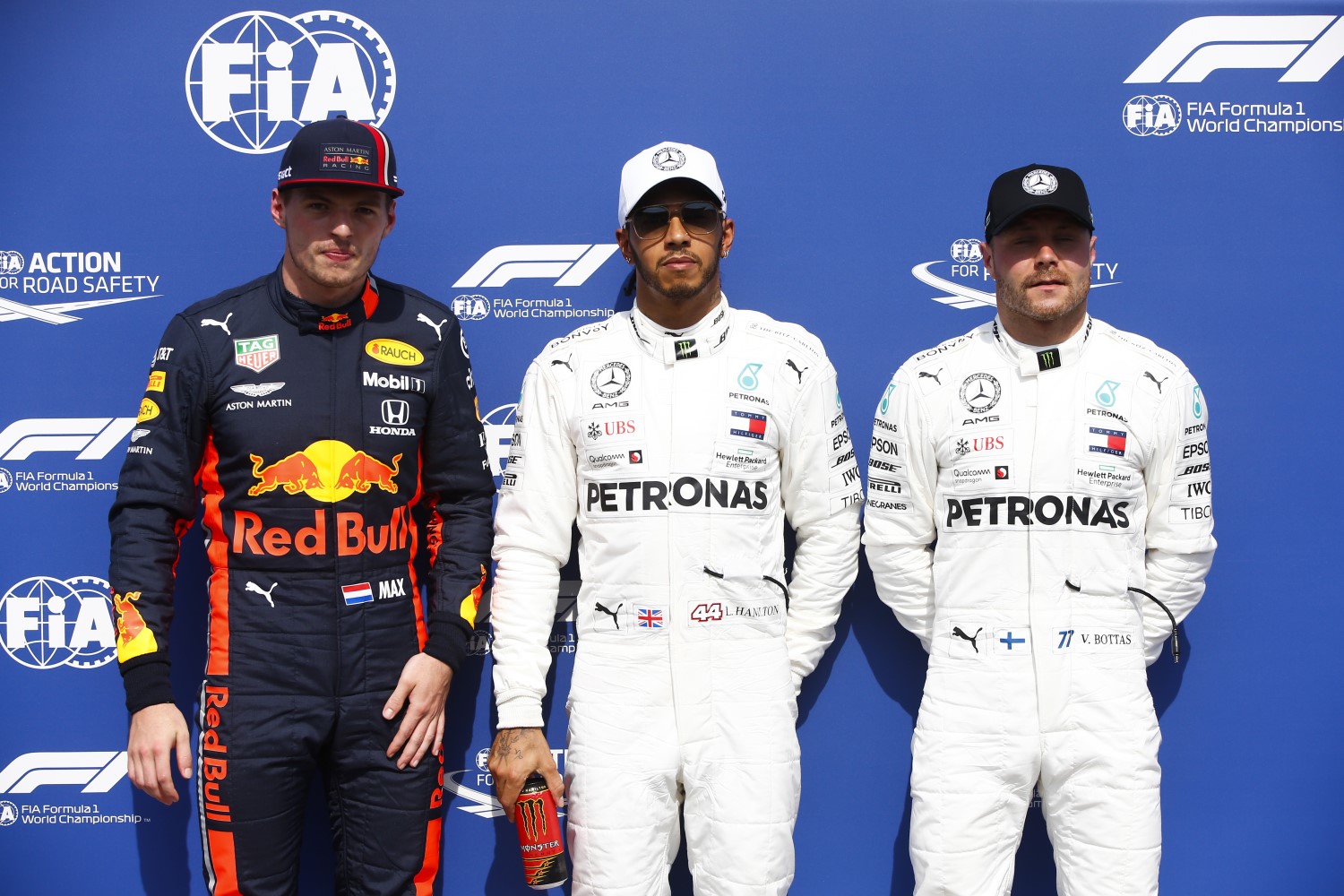 From left, Verstappen, Hamilton and Bottas