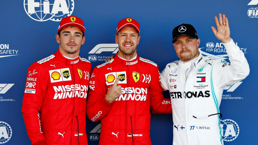 From left, Leclerc, Vettel and Bottas