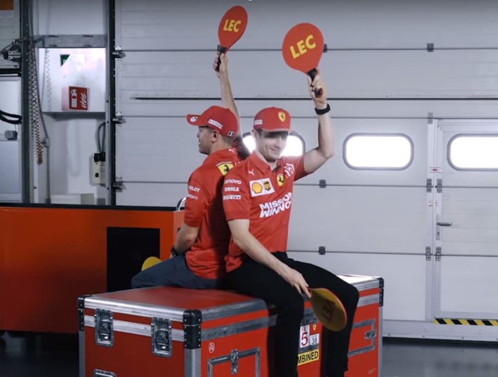 Vettel and Leclerc filming Shell sponsor video