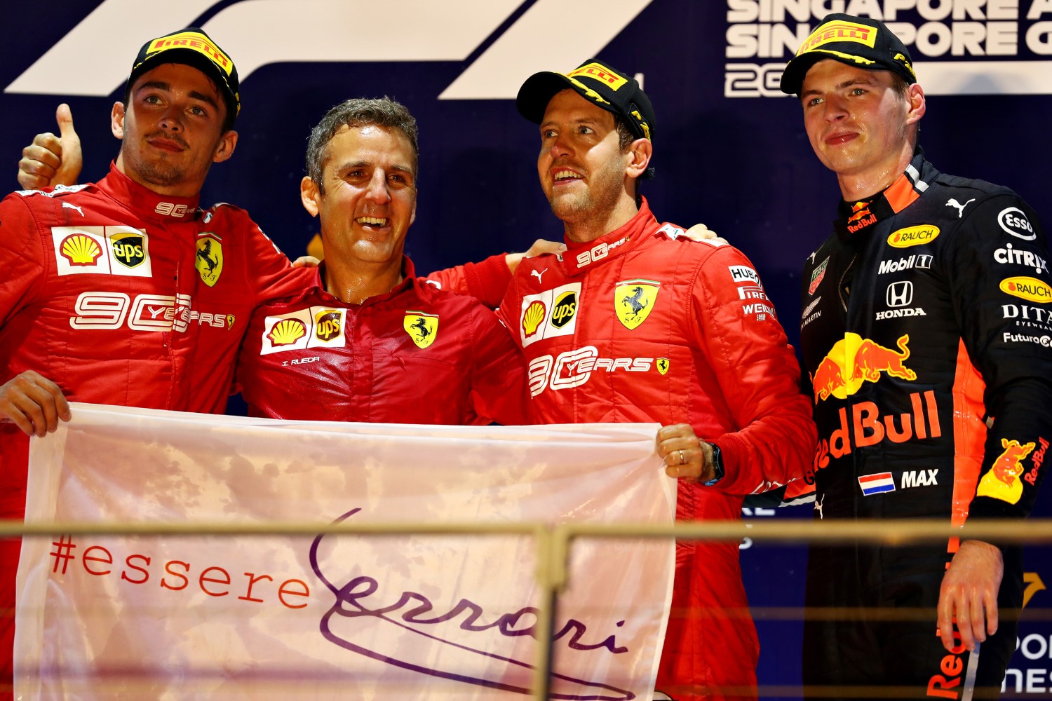 From left, Leclerc, Vettel and Verstappen