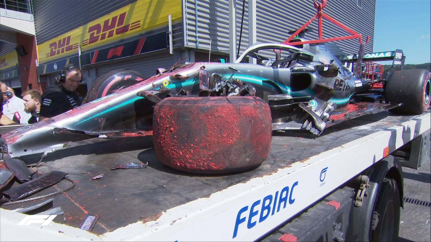 Hamilton's wrecked car comes back on the flatbed