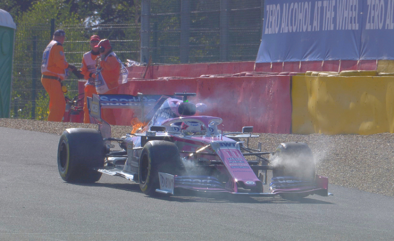 Perez pulls over after his car went up in flames