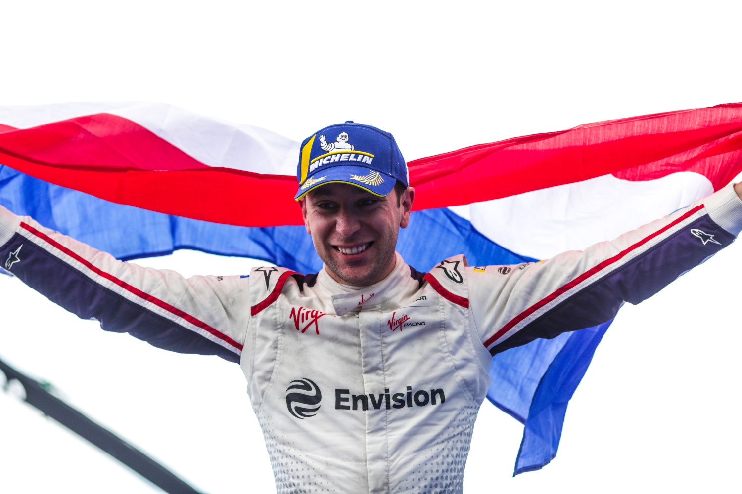 Robin Frijns (NLD), Envision Virgin Racing, 1st position, celebrates his maiden victory on the podium with a flag of the Netherlands during the Paris E-prix at Streets of Paris on April 27, 2019 in Streets of Paris, France. (Photo by Alastair Staley / LAT Images)