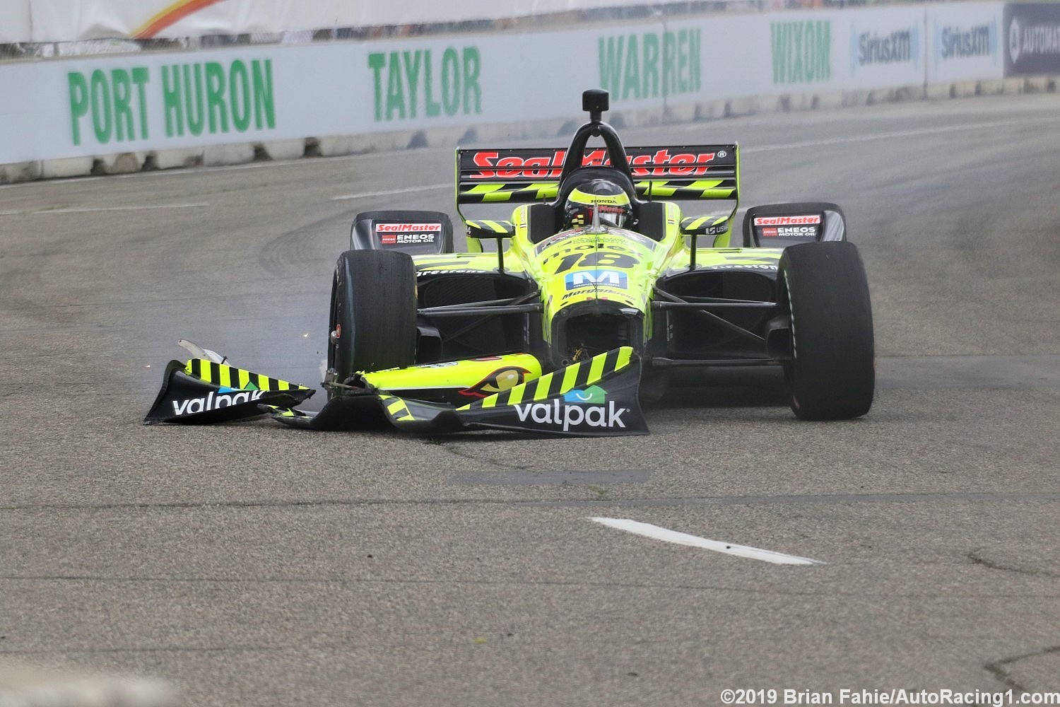 Sebastien Bourdais went airbourne when he rammed the back the Spencer Pigot as Pigot struggled to get onto pit lane