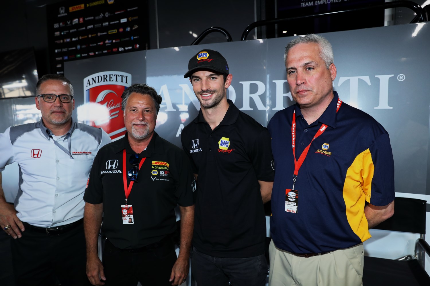 Present for the announcment, from left, Ted Klaus, Michael Andretti, Alexander Rossi, and a NAPA representative