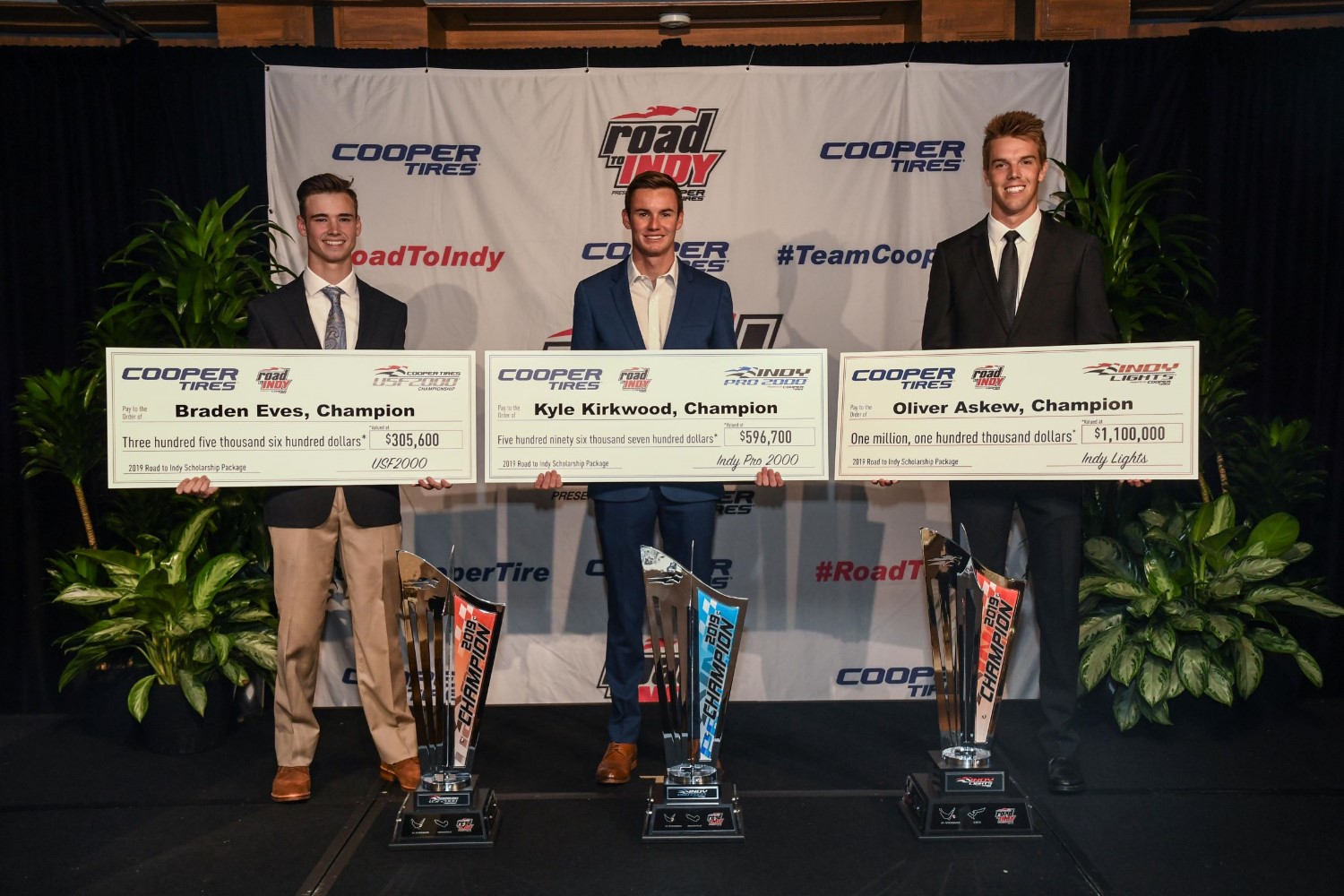 From left, Braden Eves (USF2000 Champion), Kyle Kirkwood (IP2000 Champion) and  Oliver Askew (Indy Lights Champion)