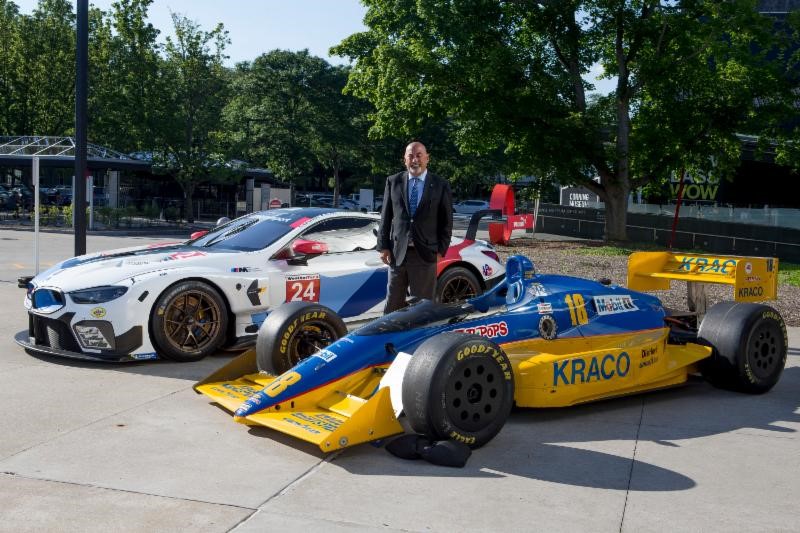 Bobby Rahal, with two cars representing his career. The 2018 BMW Team RLL BMW M8GTE, and the 1989 Lola T8900 Cosworth Indy car he raced. 