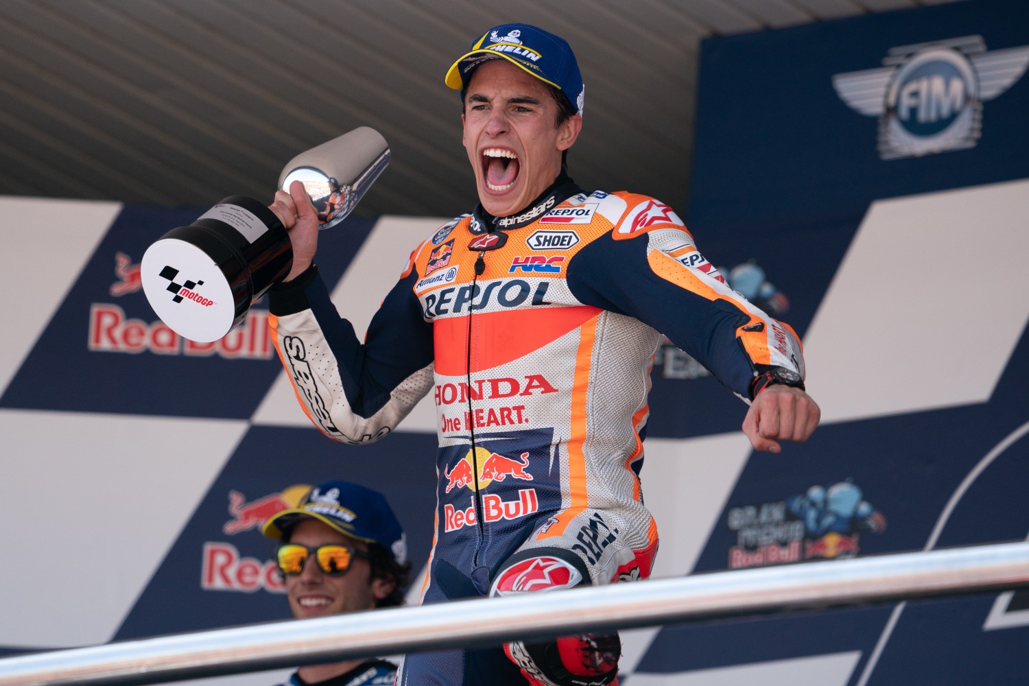 Marquez celebrates in front of fellow Spaniards