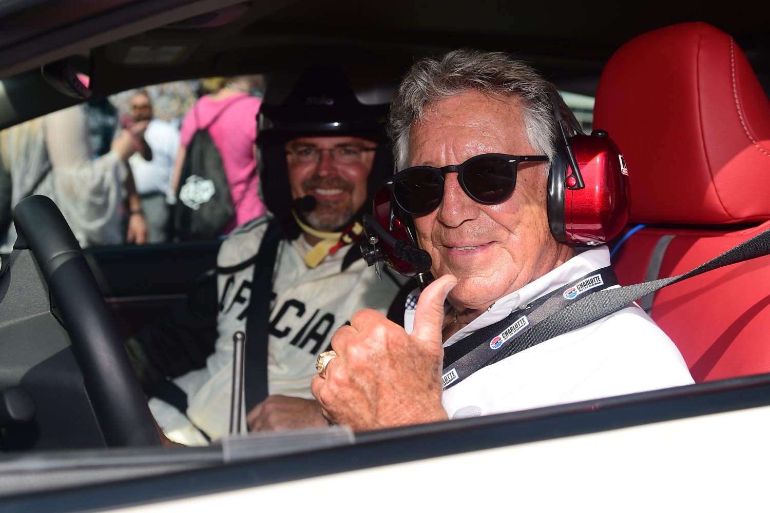 Mario Andretti poses for a photo opportunity prior to leading the field to the green flag for the Monster Energy NASCAR Cup Series Bank of America ROVAL 400 at Charlotte  