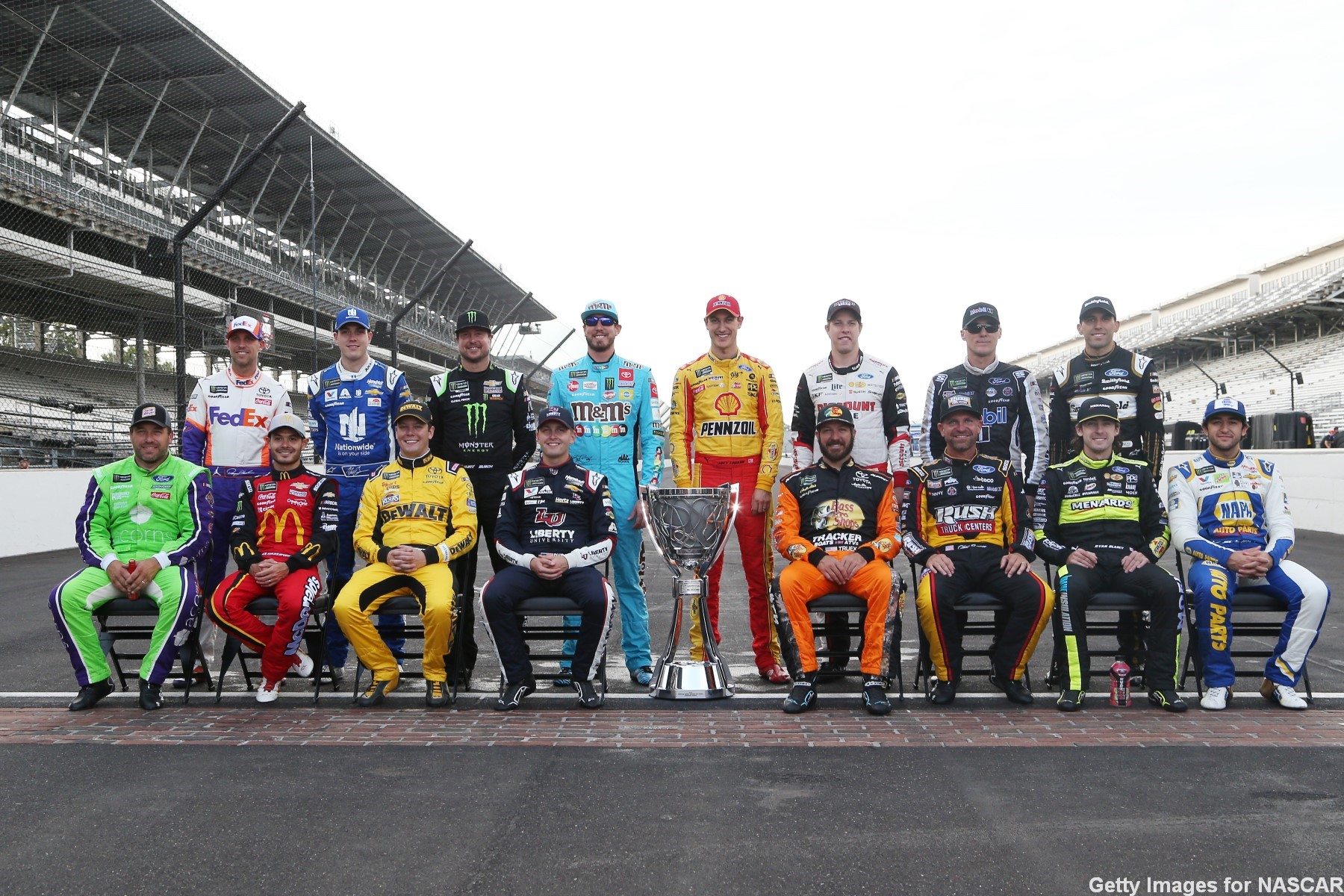 Ryan Newman, driver of the #6 Acorns Ford, Kyle Larson, driver of the #42 McDonald's Chevrolet, Erik Jones, driver of the #20 STANLEY Wish For Our Heros Toyota, William Byron, driver of the #24 Liberty University Chevrolet, Martin Truex Jr, driver of the #19 AOI Toyota, Clint Bowyer, driver of the #14 Rush/Cummins Ford, Ryan Blaney, driver of the #12 Wabash National Ford, Chase Elliott, driver of the #9 NAPA AUTO PARTS Chevrolet, Denny Hamlin, driver of the #11 FedEx Express Toyota, Alex Bowman, driver of the #88 Nationwide Chevrolet, Kurt Busch, driver of the #1 Monster Energy Chevrolet, Kyle Busch, driver of the #18 M&M's Toyota, Joey Logano, driver of the #22 Shell Pennzoil Ford, Brad Keselowski, driver of the #2 Discount Tire Ford, Kevin Harvick, driver of the #4 Mobil 1 Ford, Aric Almirola, driver of the #10 Smithfield/Meijer Ford