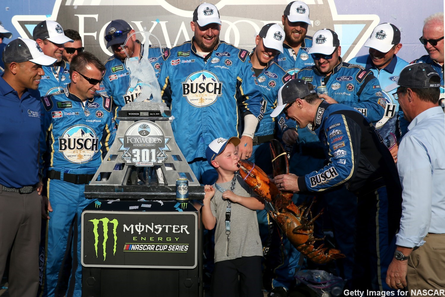 Harvick celebrates with son Keelan and a huge lobster