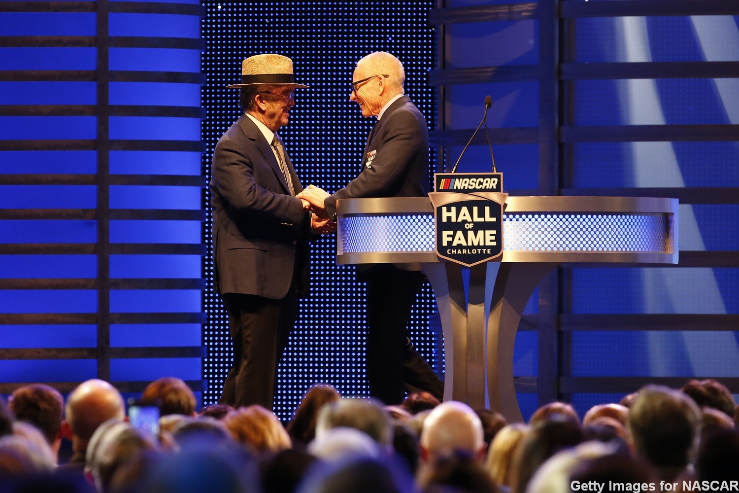 Mark Martin speaks as 2019 inductee Jack Roush is presented