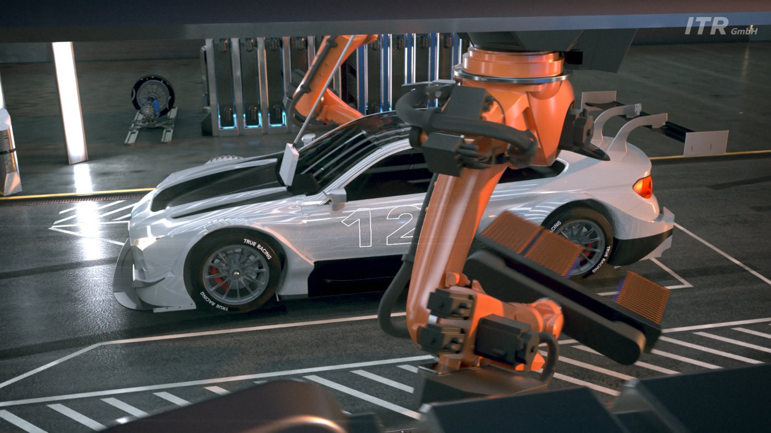 Industrial robots will effortlessly remove and replace the car’s underbody battery pack during the mandatory pit-stops