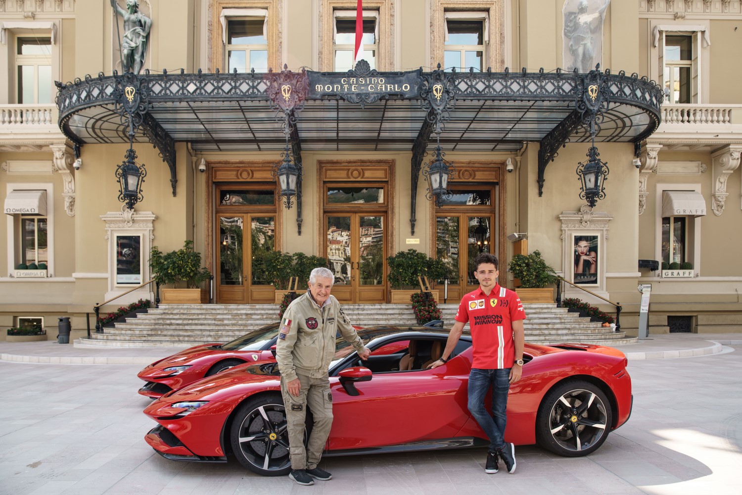 Leclerc (R) drove a Ferrari around the streets of Monaco early Sunday morning for filming of the remake of Le Grand Rendez-vous