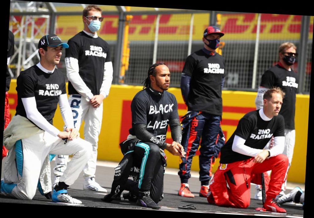 All drivers wear End Racism shirts, except Lewis Hamilton who wears a Black Lives Matter (BLM) shirt in support of the riots and killing done by the radical democrat movement