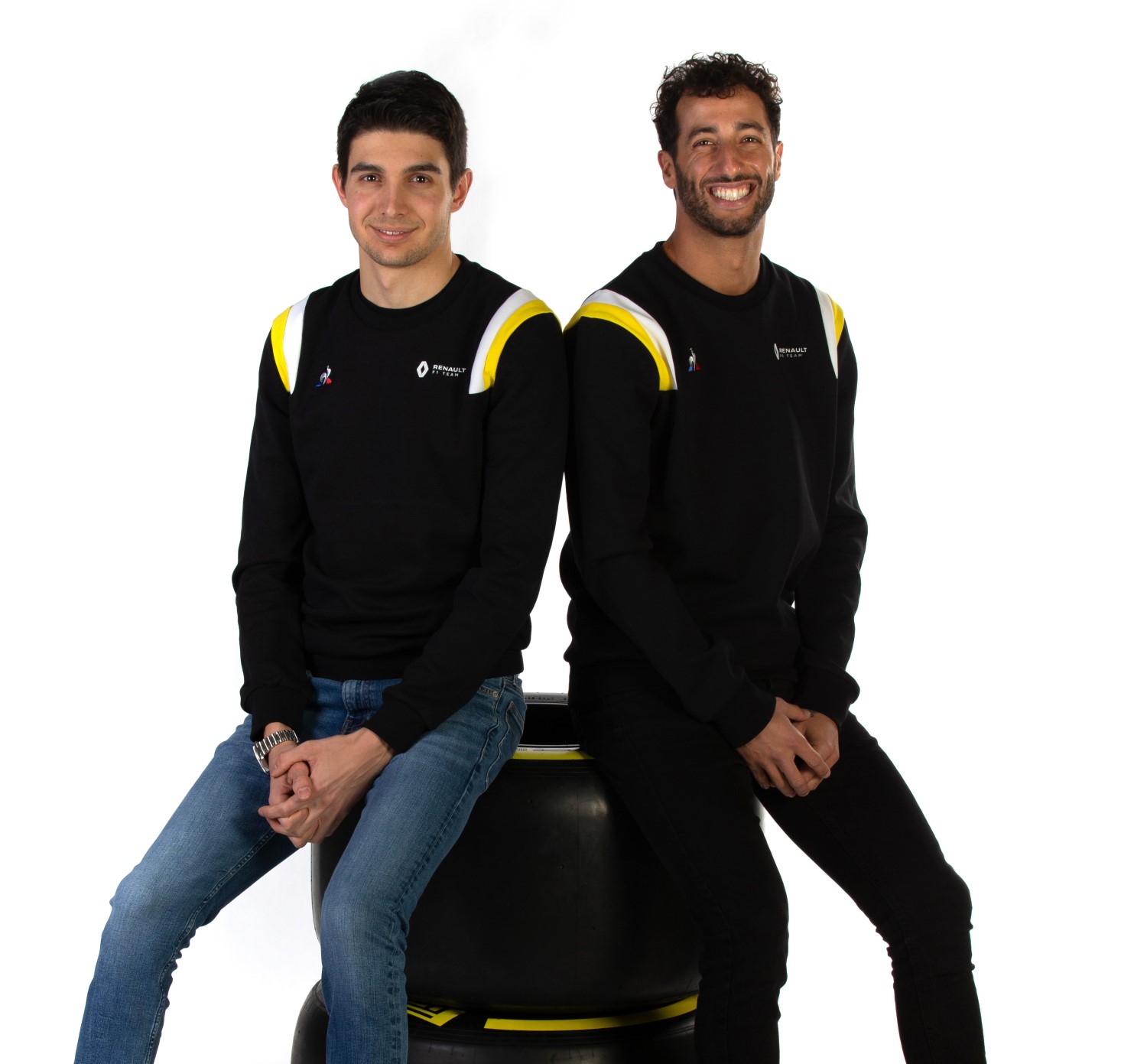 Renault drivers Ocon and Ricciardo had no car for the launch so they had to sit on a tire