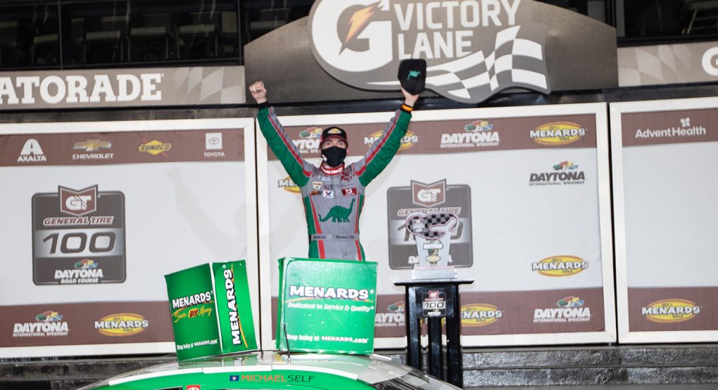 Michael Self, driver of the #25 Sinclair Lubricants Toyota celebrates after winning the General Tire 100 at the Daytona Road Course for the ARCA Menards Series in Daytona Beach, Florida on August 14, 2020. (James Gilbert/ARCA Racing)