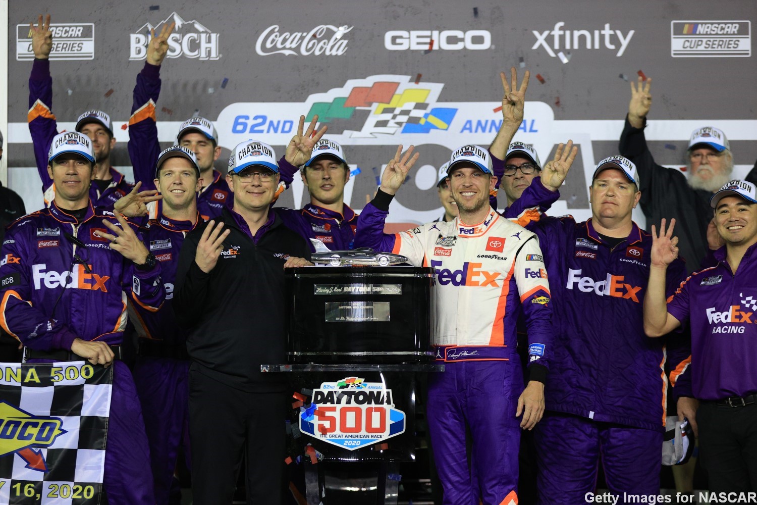 Hamlin celebrates with his Joe Gibbs Toyota Racing crew