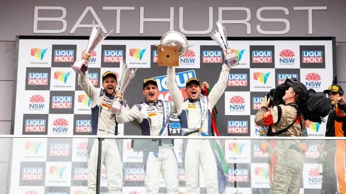 (L-R) Jules Gounon, Jordan Pepper and Maxime Soulet celebrate on the podium.