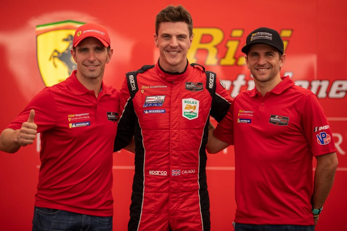 (L-R) Drivers Alessandro Pier Guidi, James Calado, and Daniel Serra