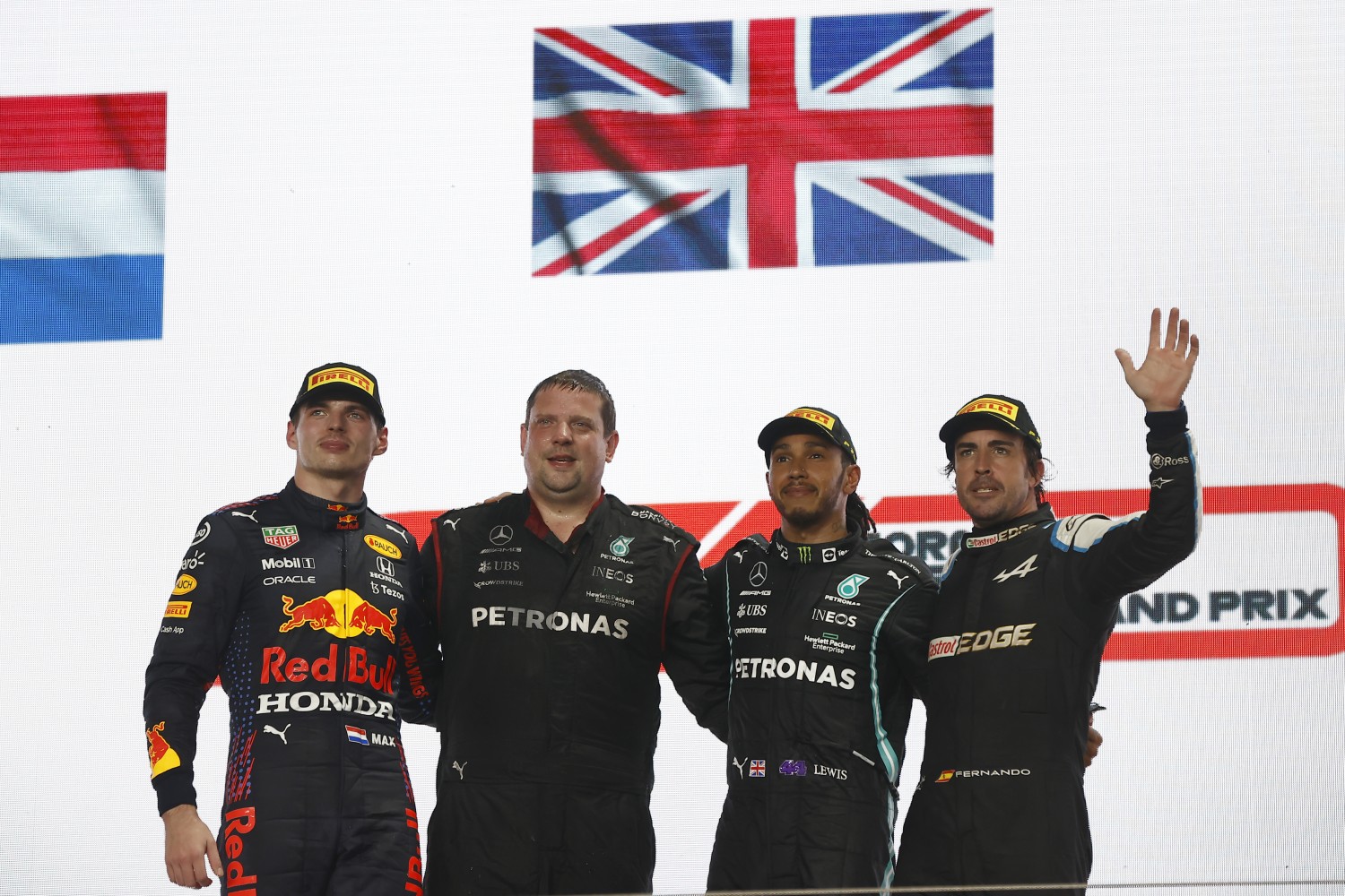 2021 Podium - L to R: Verstappen, Hamilton and Alonso- LAT Images