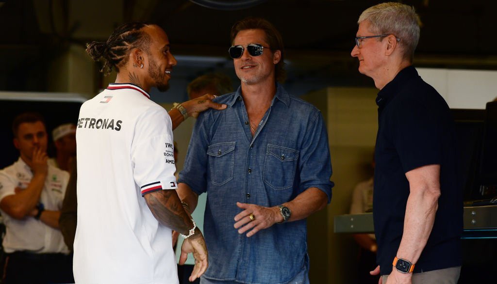 Lewis Hamilton and Brad Pitt meet with Tim Cook at the 2022 USGP. Cook/Apple is funding their movie project
