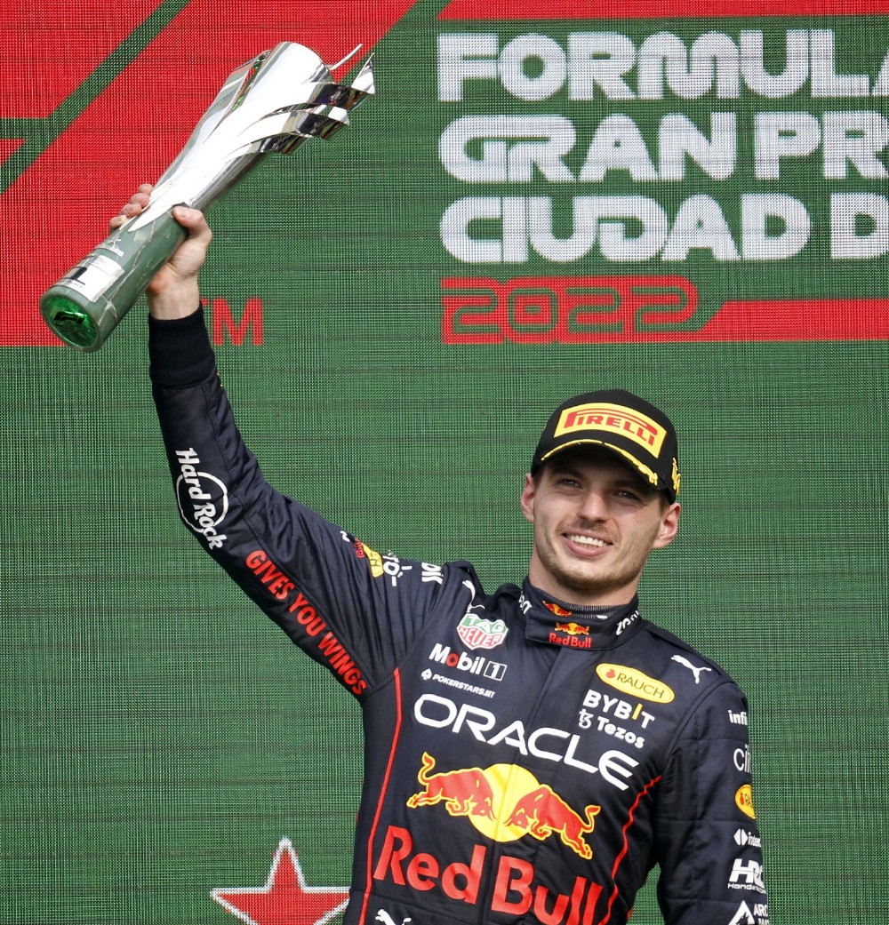 Race winner Max Verstappen of the Netherlands and Oracle Red Bull Racing celebrates on the podium during the F1 Grand Prix of Mexico at Autodromo Hermanos Rodriguez on October 30, 2022 in Mexico City, Mexico. (Photo by Jared C. Tilton/Getty Images)