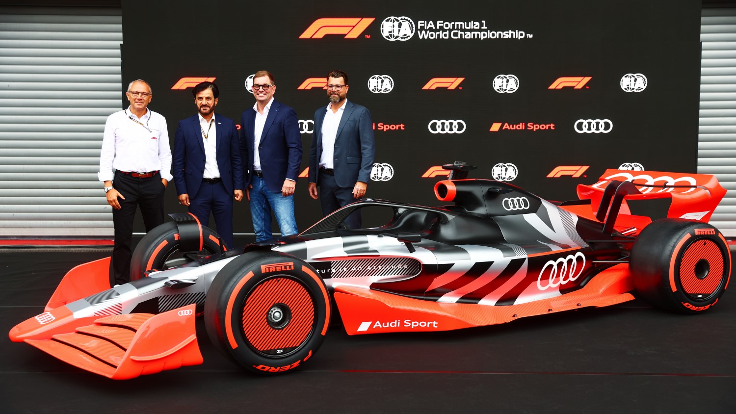 Stefano Domenicali, Formula 1 President and CEO, Mohammed ben Sulayem, President of the International Automobile Federation (FIA), Markus Duesmann, Chairman of the Board of Management of AUDI AG, and Oliver Hoffmann, Member of the Board of Management for Technical Development of AUDI AG