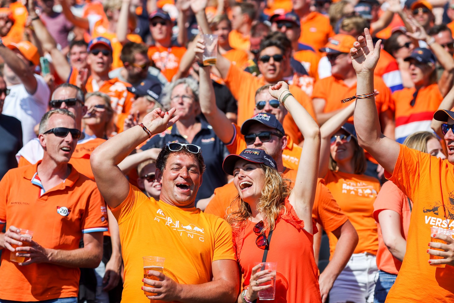 Max Verstappen of Red Bull Racing and The Netherlands fans during qualifying ahead of the F1 Grand Prix of The Netherlands at Circuit Zandvoort on September 03, 2022 in Zandvoort, Netherlands. (Photo by Peter Fox/Getty Images)