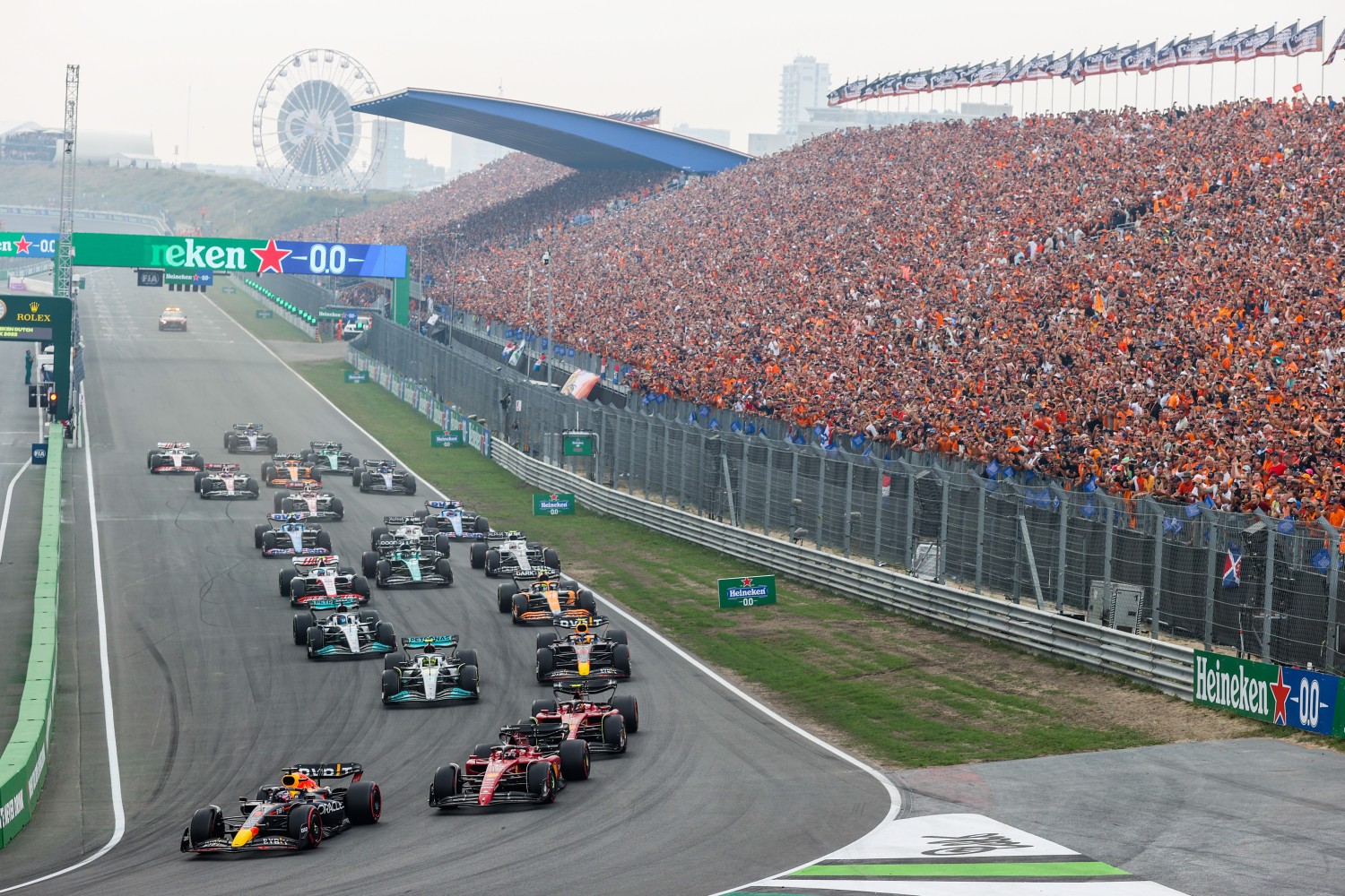 Max Verstappen beat Charles Leclerc to Turn 1 at the start and never looked back -at the F1 Grand Prix of The Netherlands at Circuit Zandvoort on September 04, 2022 in Zandvoort, Netherlands. (Photo by Peter Fox/Getty Images)