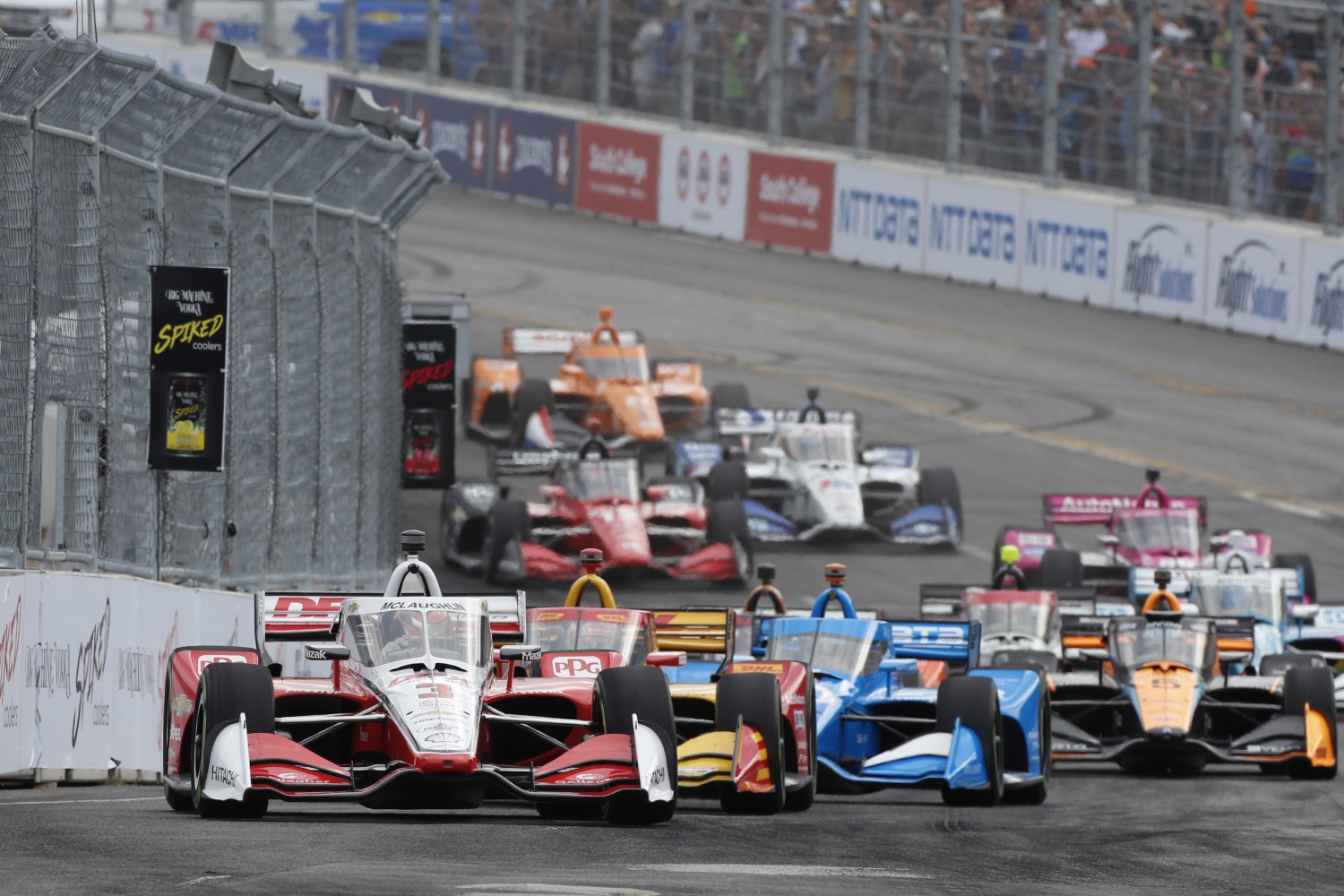 2022 race: #3: Scott McLaughlin, Team Penske Chevrolet#28: Romain Grosjean, Andretti Autosport Honda #10: Alex Palou, Chip Ganassi Racing Honda