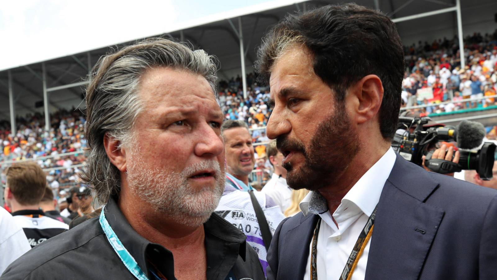 Michael Andretti talks to FIA President Mohammed Ben Sulayem at the Miami GP