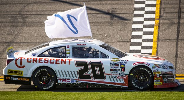 Toyota driver Corey Heim celebrates winning the Lucas Oil 200 driven by General Tire for the ARCA Menards Series at Daytona International Speedway on Feb. 19, 2021. (Adam Glanzman/NASCAR)