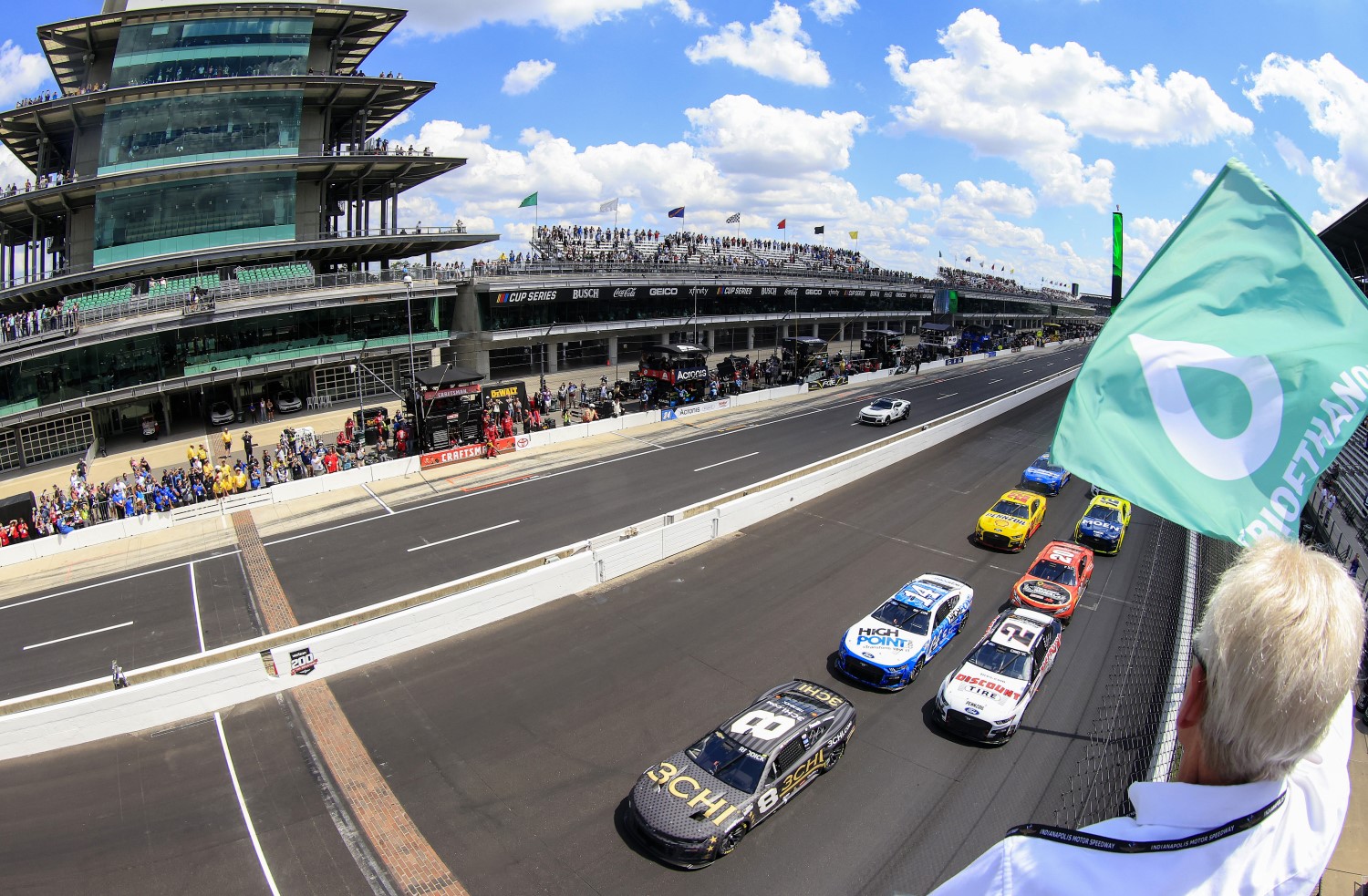 Tyler Reddick, driver of the #8 3CHI Chevrolet, leads the field to the green flag to start the NASCAR Cup Series Verizon 200 at the Brickyard at Indianapolis Motor Speedway on July 31, 2022 in Indianapolis, Indiana. (Photo by Justin Casterline/Getty Images)