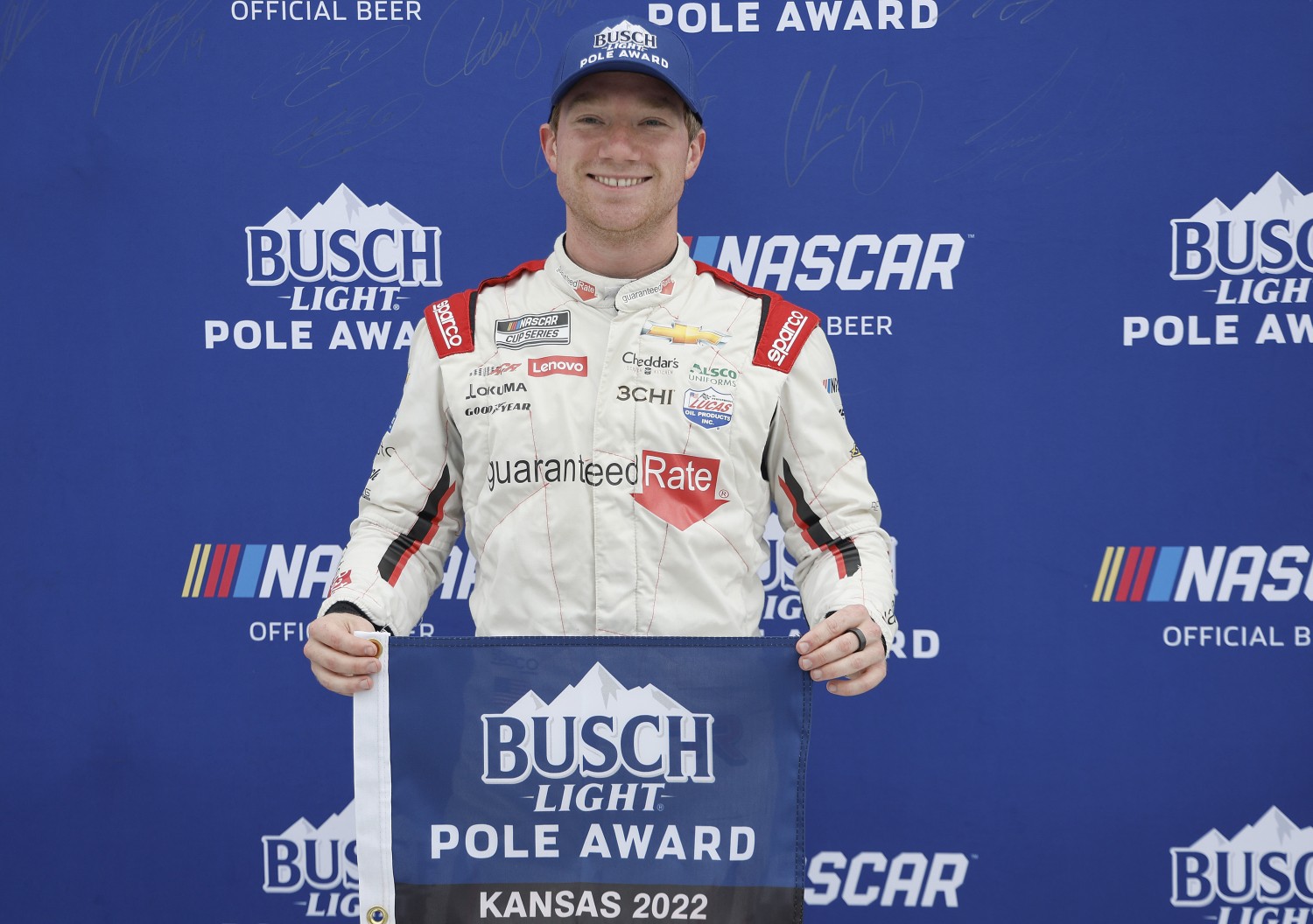 Tyler Reddick, driver of the #8 Guaranteed Rate Chevrolet, poses for photos after winning the pole award during qualifying for the NASCAR Cup Series Hollywood Casino 400 at Kansas Speedway on September 10, 2022 in Kansas City, Kansas. (Photo by Chris Graythen/Getty Images)