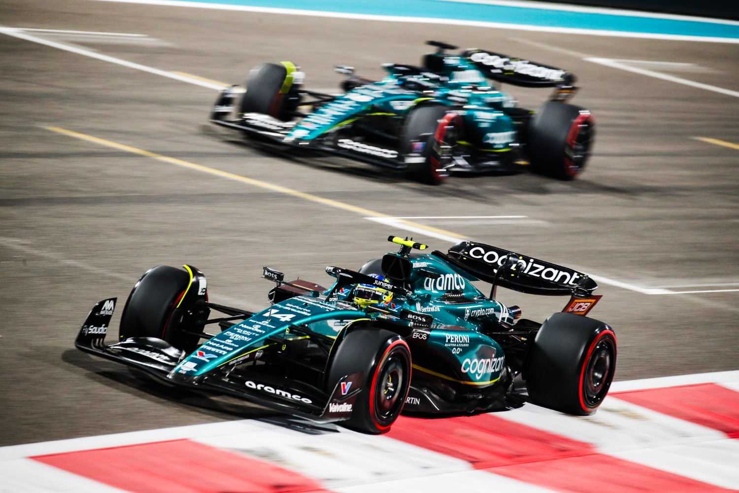 Fernando Alonso, Aston Martin AMR23, leads Lance Stroll, Aston Martin AMR23 during the Abu Dhabi GP at Yas Marina Circuit on Friday November 24, 2023 in Abu Dhabi, United Arab Emirates. (Photo by Jake Grant / LAT Images)