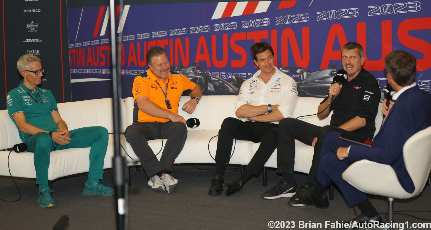 L to R: Mike Krack, Zak Brown, Toto Wolff and Guenther Steiner during the Friday Press Conference for the 2023 USGP