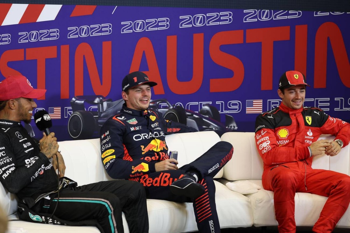 2023 USGP Sprint Race Press Conference, L to R: Lewis Hamilton, Max Verstappen and Charles Leclerc