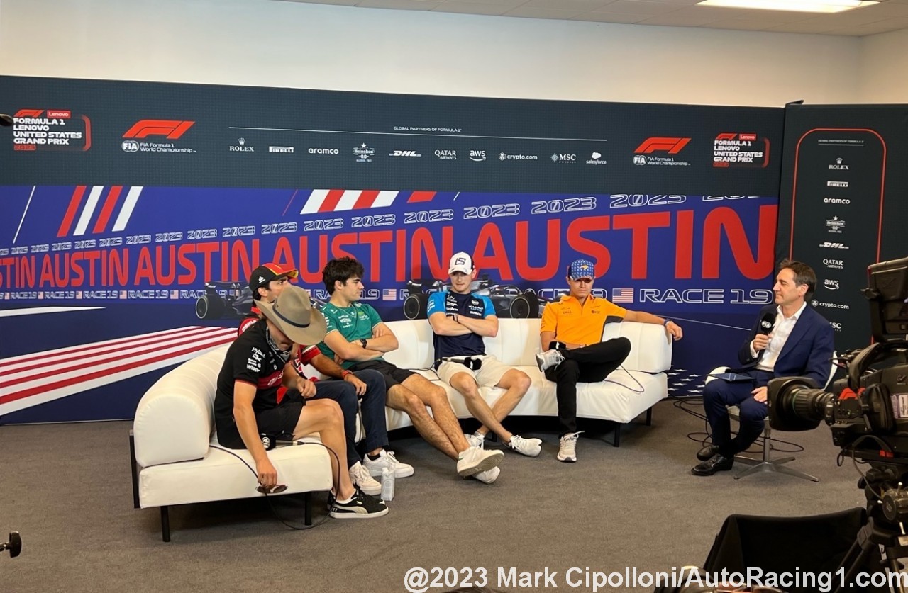 Thursday USGP Press Conference Part 1, L to R: Valtteri Bottas (Alta Romeo), Carlos Sainz (Ferrari), Lance Stroll (Aston Martin), Lando Norris (Mclaren) and Logan Sargeant (Williams)