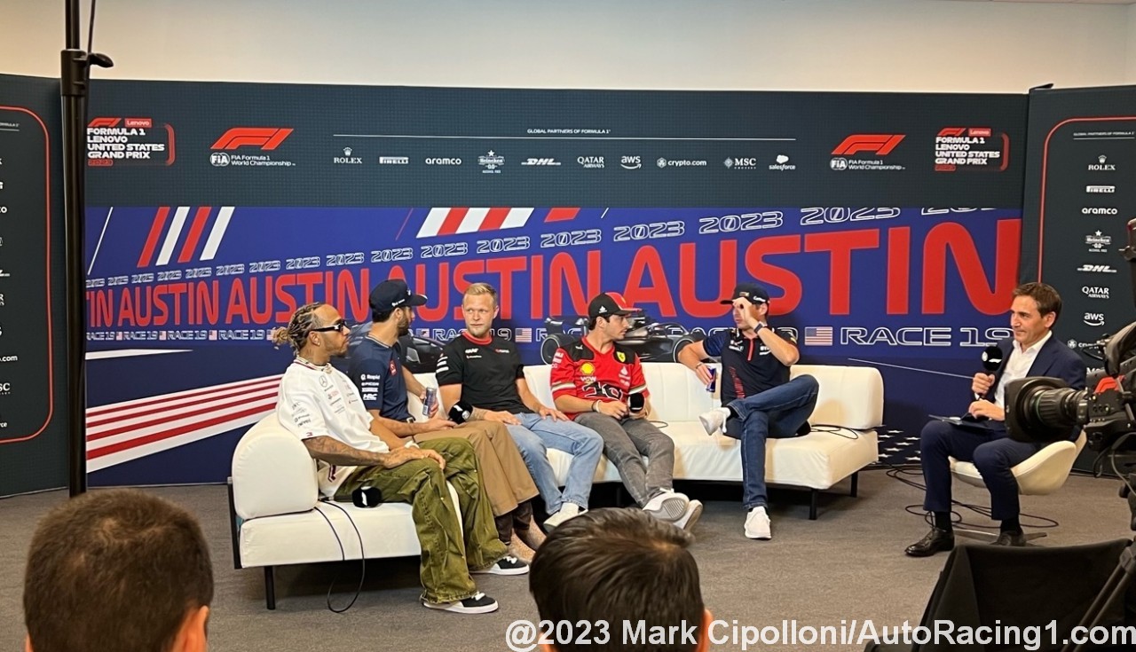 Thursday USGP Press Conference Part 2, L to R: Lewis Hamilton (Mercedes), Daniel Ricciardo (AlphaTauri), Kevin Magnussen (Haas), Charles Leclerc (Ferrari) and Max Verstappen (Red Bull)