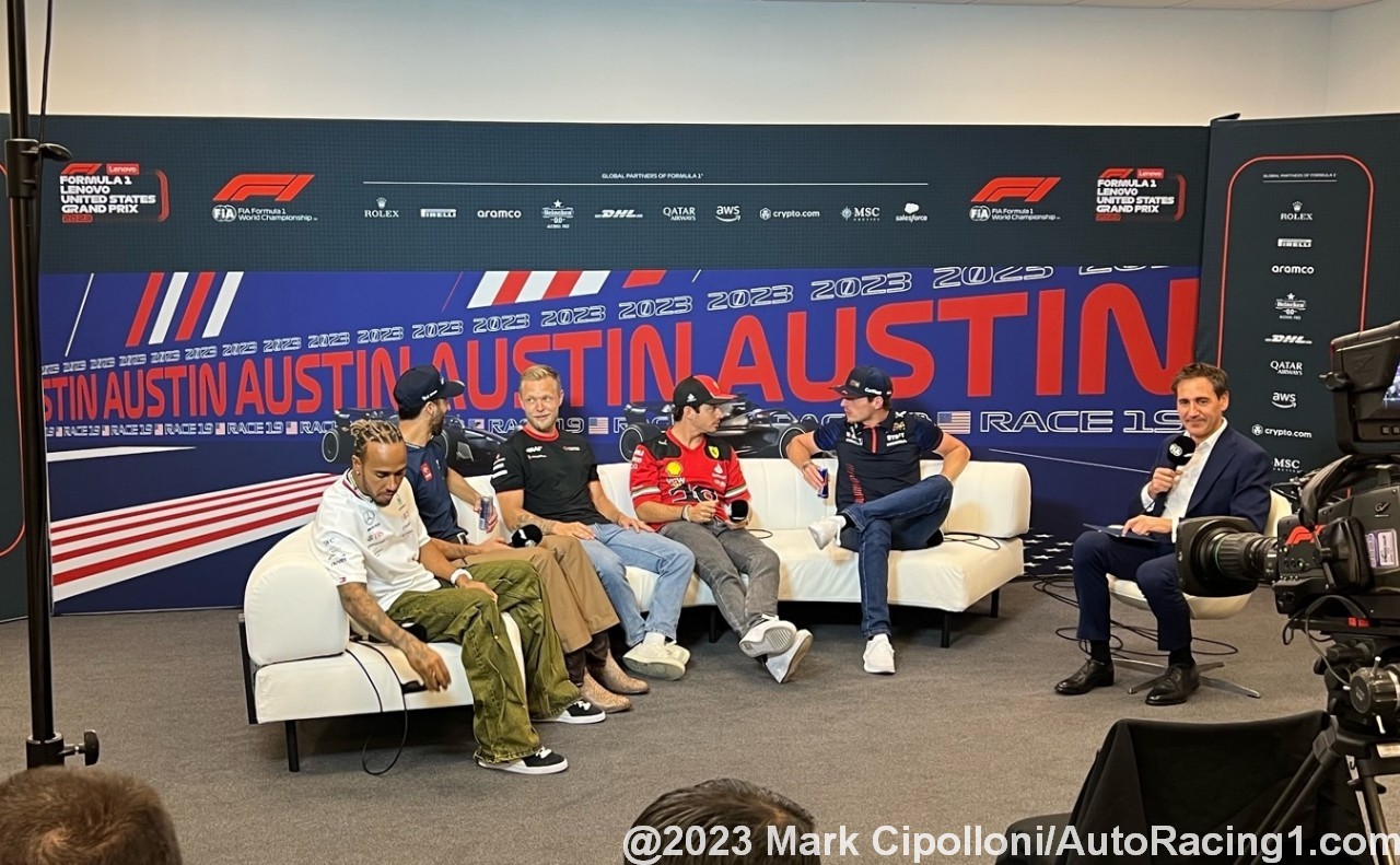 Thursday USGP Press Conference Part 2, L to R: Lewis Hamilton (Mercedes), Daniel Ricciardo (AlphaTauri), Kevin Magnussen (Haas), Charles Leclerc (Ferrari) and Max Verstappen (Red Bull)